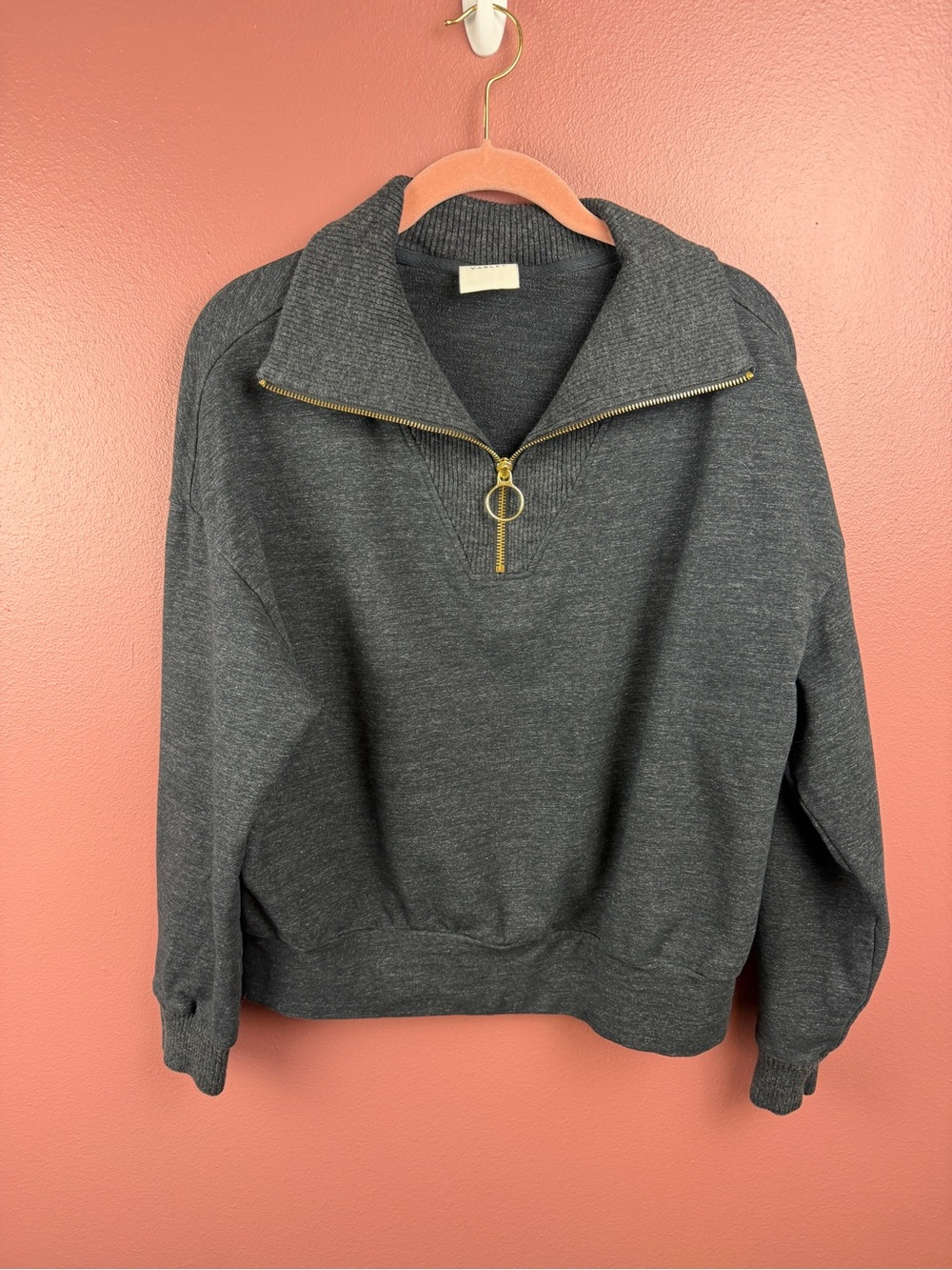 Varley Miller Sweater 1/4 Zip Charcoal Pullover Ring Pull Large Collar Size XS